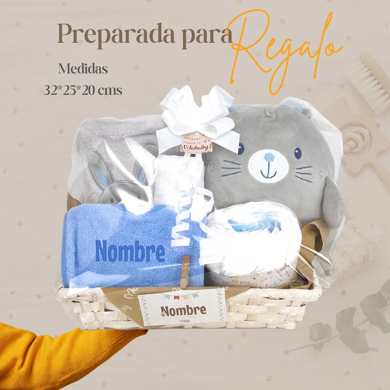 Cesta regalo para bebé niño con peluche, toalla y pañales personalizables, ideal para nacimiento