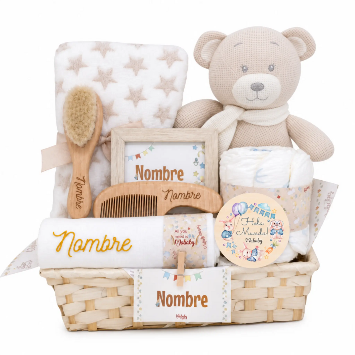 Cesta Para Bebé Personalizada Mi Osito Con Manta Y Cepillo Grabado
