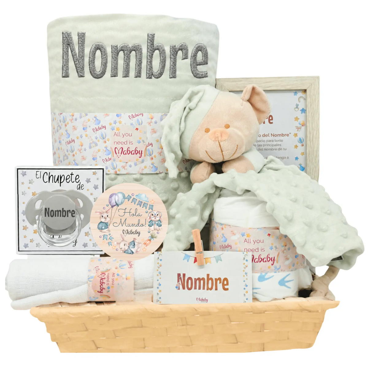 Canastilla Bebé Personalizada Menta Con Manta Bordada