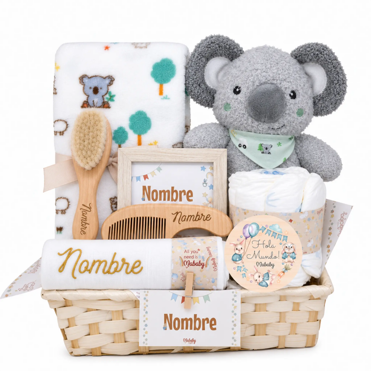 Cesta Para Bebé Personalizada Mi Koala Con Manta Y Cepillo Grabado