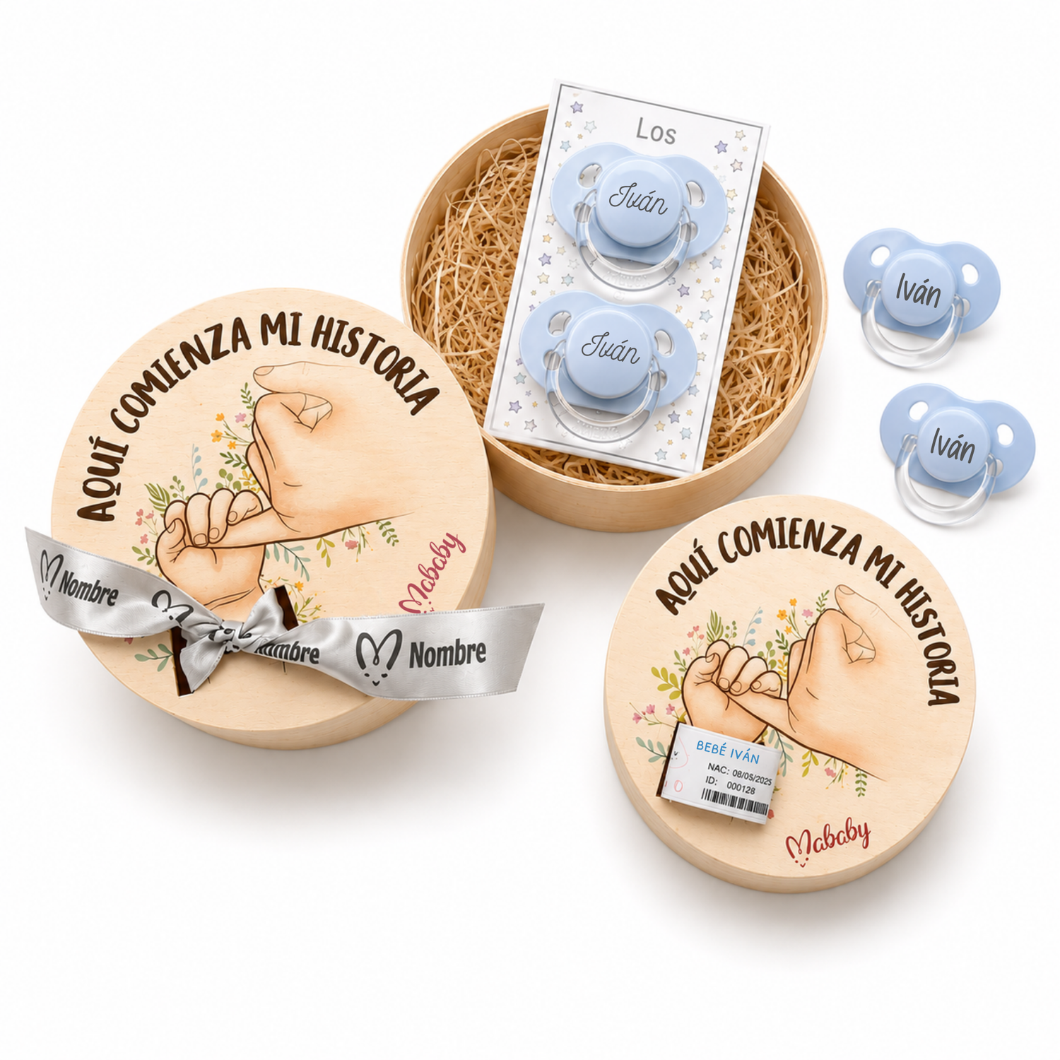 Set De 2 Chupetes Personalizados Con Nombre Y Caja De Recuerdos Para Bebé