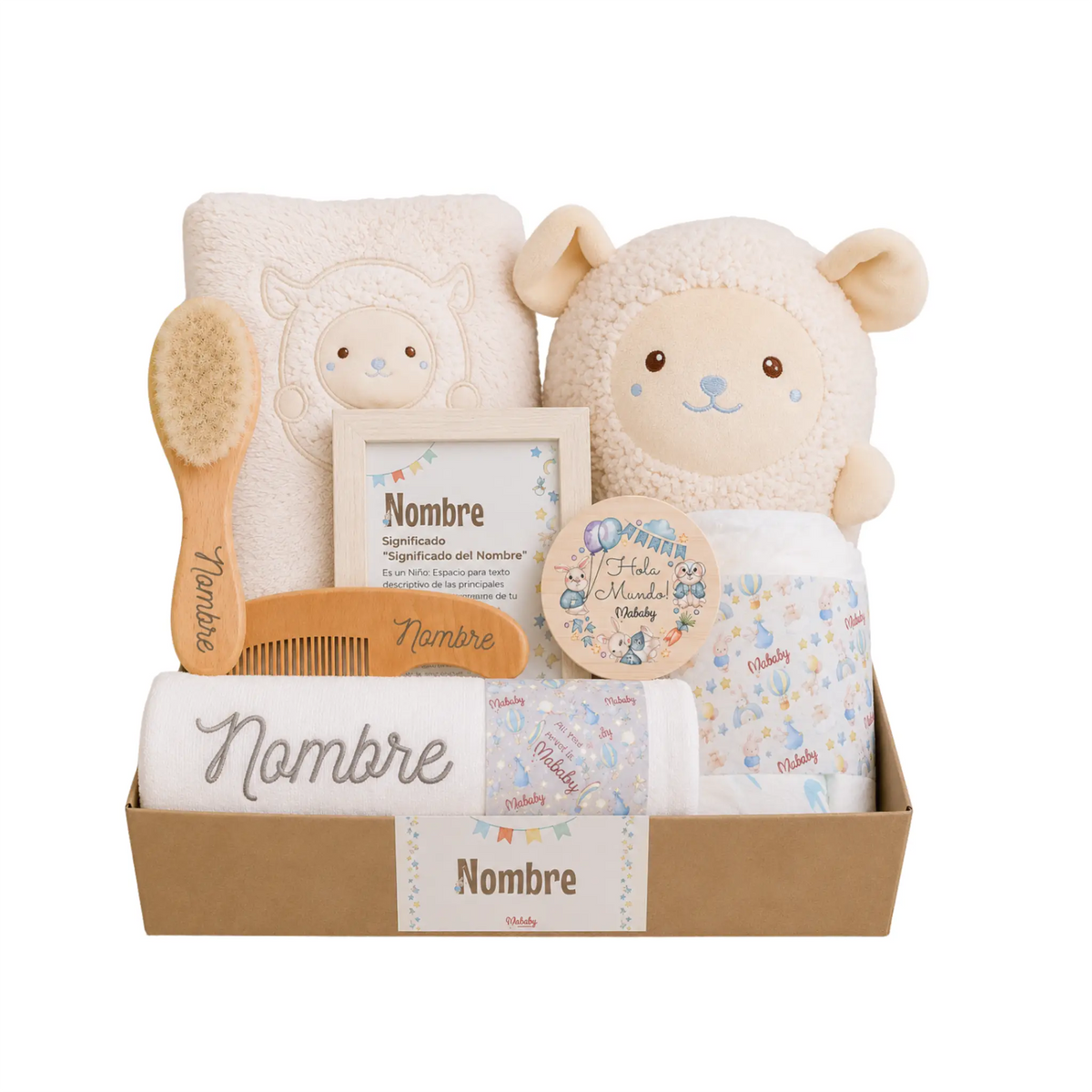 canastilla bebé unisex con peluche ovejita y pañales