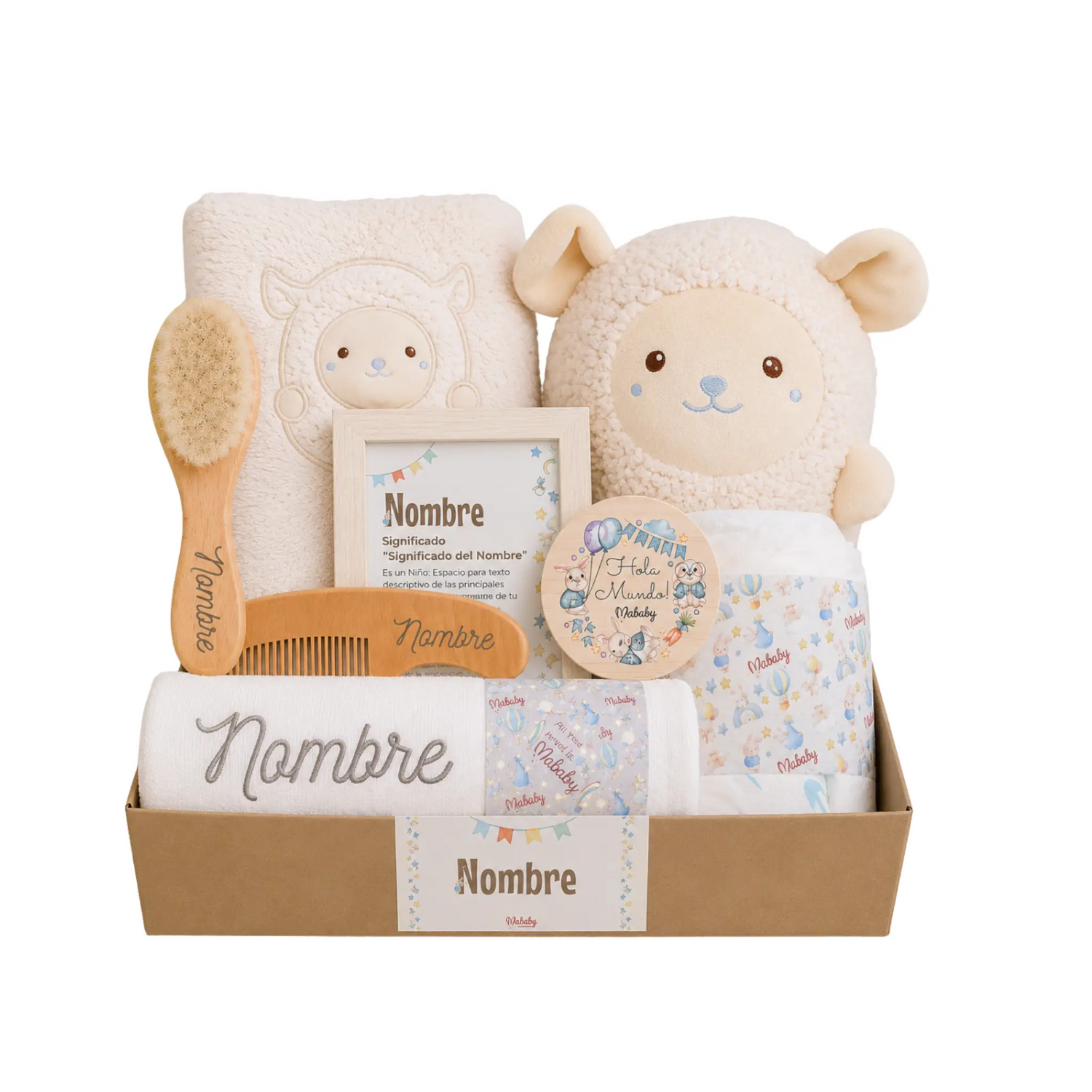 canastilla bebé unisex con peluche ovejita y pañales