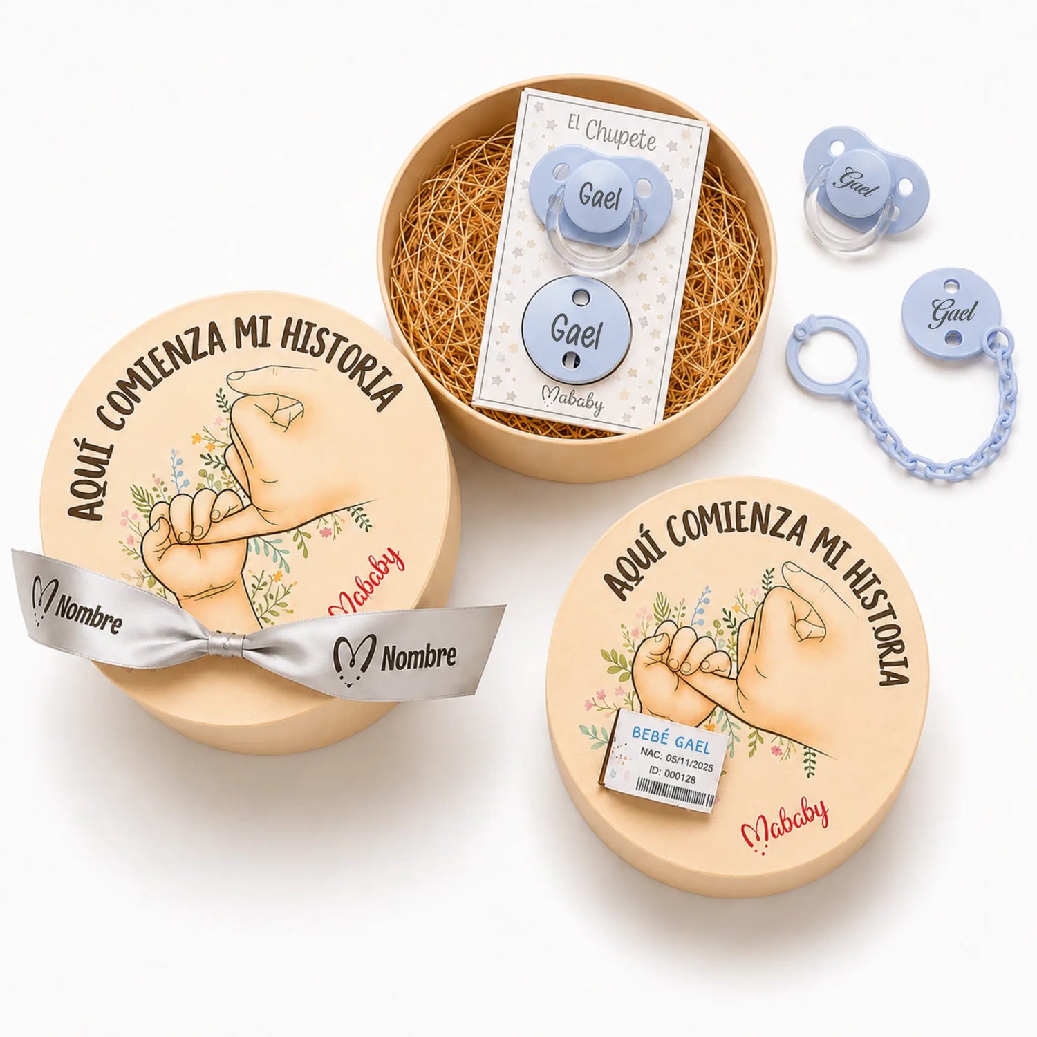 Chupete Y Pinza Personalizados Con Nombre Y Caja De Recuerdos Para Bebé