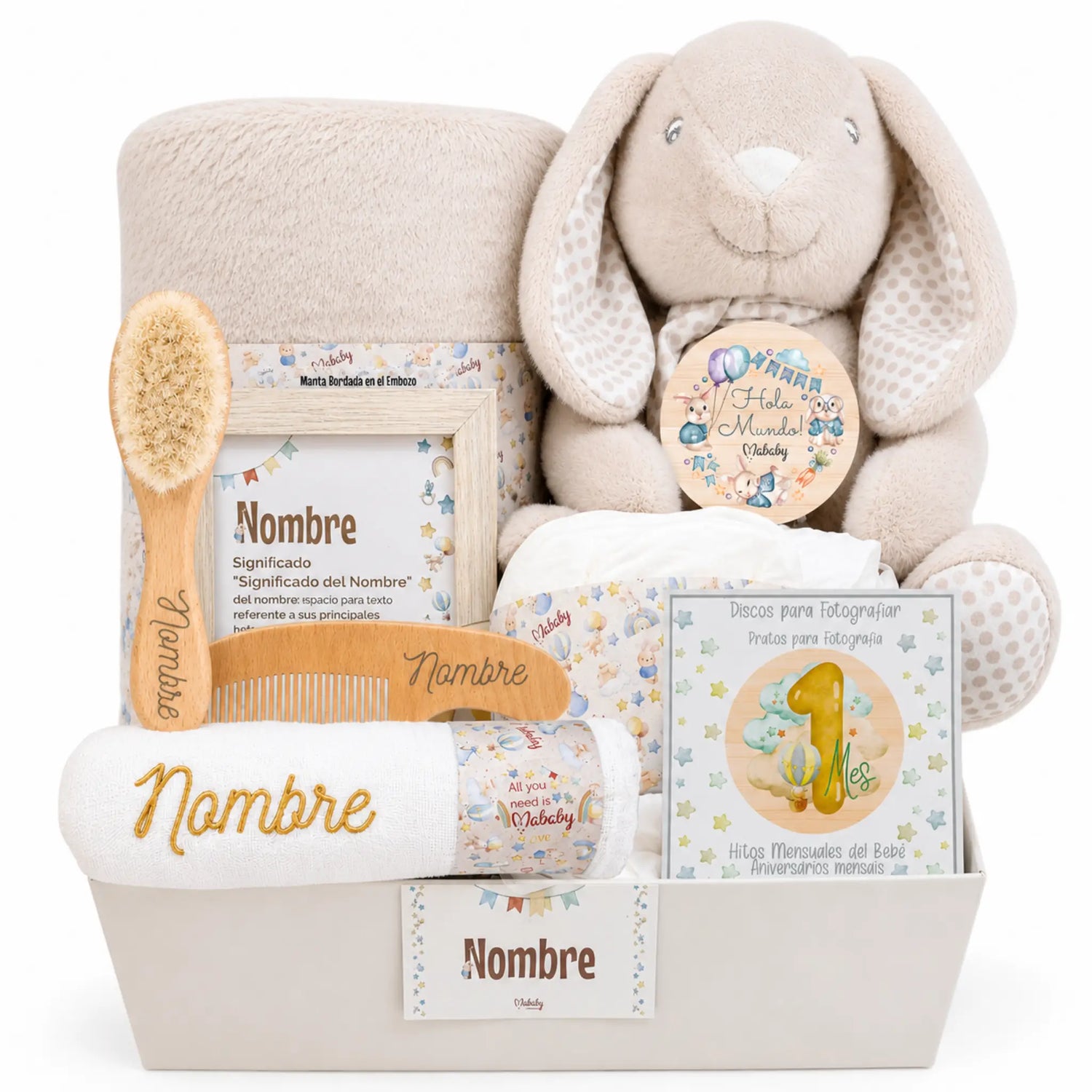 Canastilla Personalizada My Rabbits Con Peluche Conejito Y Muselina Bordada