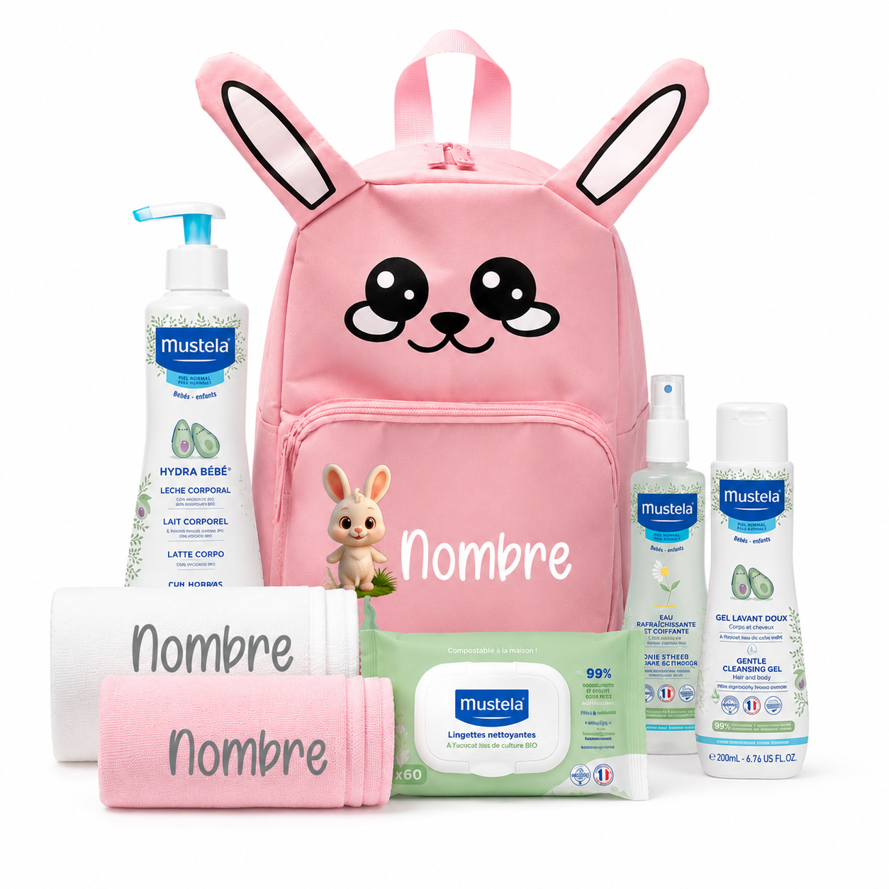 Mochila Guardería Personalizada Conejito Con Set De Bebé Y Cosmética