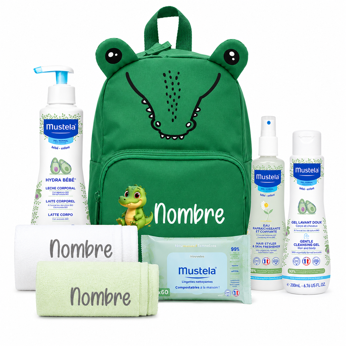 Mochila cocodrilo verde con set de cuidado bebé Mustela, toallas y pañuelos personalizables para niño o niña