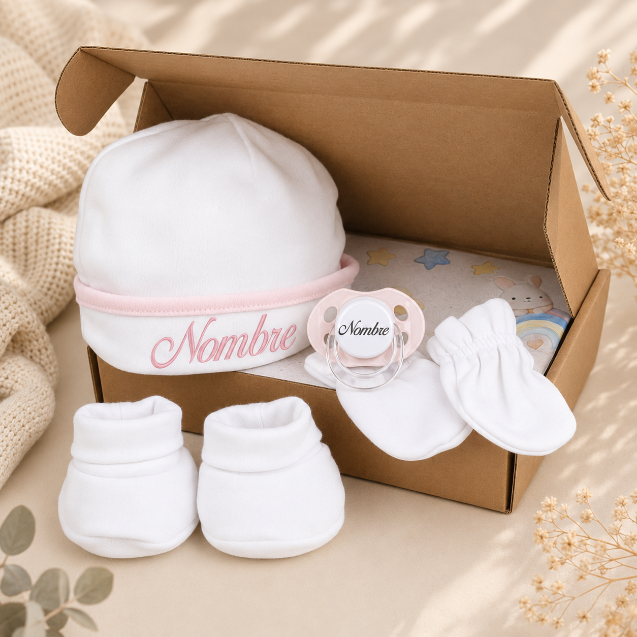 Set Primera Puesta Bebé Bordado Con Chupete Personalizado Con Nombre