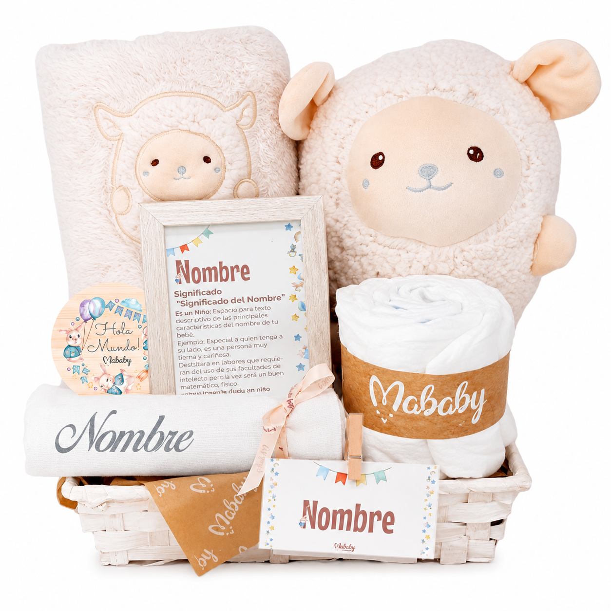 Canastilla Bebé Personalizada Happy Ovejita Con Manta Y Muselina Bordada