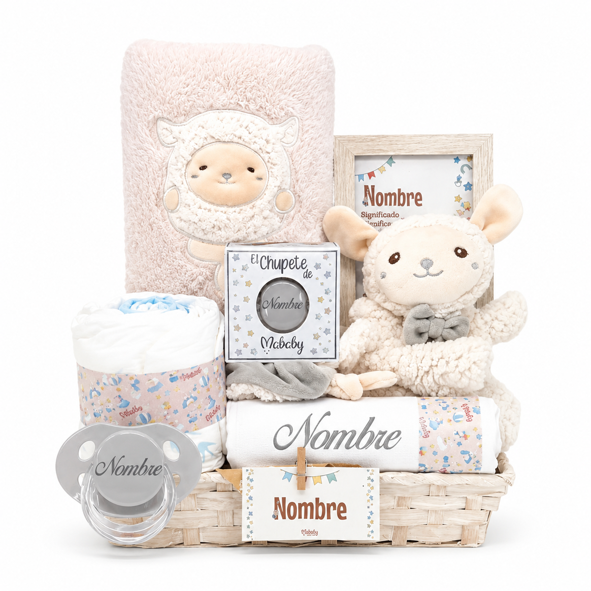 Canastilla bebé niña personalizada con chupete, manta y peluche ovejita, regalo nacimiento ideal
