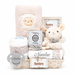 Canastilla bebé niña personalizada con chupete, manta y peluche ovejita, regalo nacimiento ideal