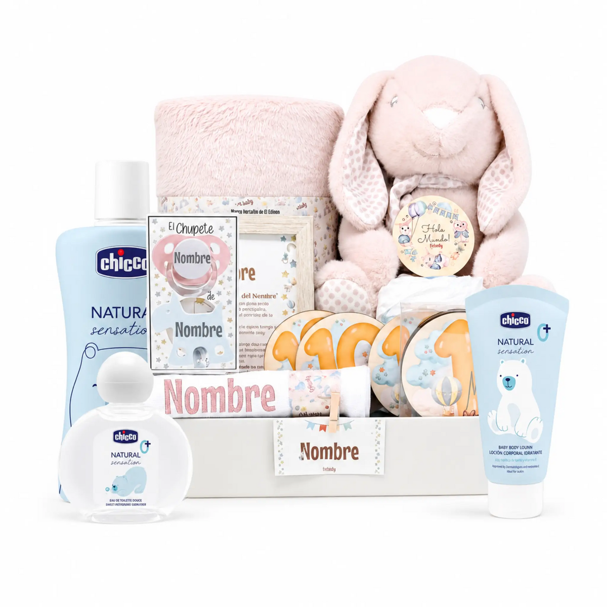 Cesta regalo bebé niña con peluche conejo rosa, chupete y productos Chicco personalizables