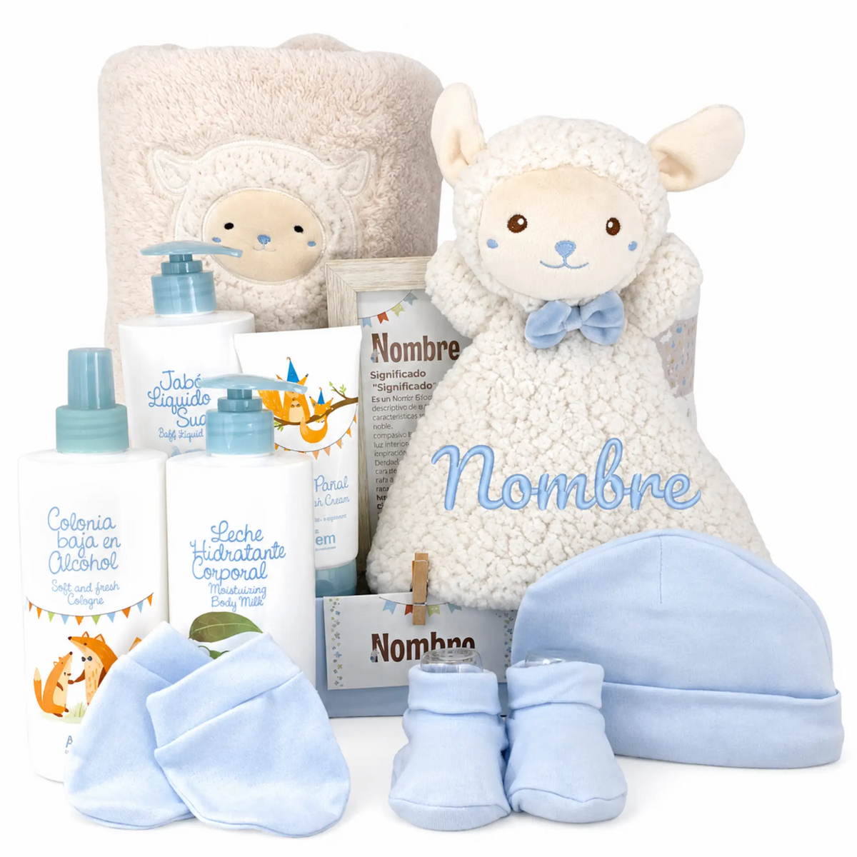 Set regalo bebé niño con ovejita, toalla, cremas y ropa personalizable. Ideal para nacimiento o bautizo.