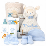 Set regalo bebé niño con ovejita, toalla, cremas y ropa personalizable. Ideal para nacimiento o bautizo.