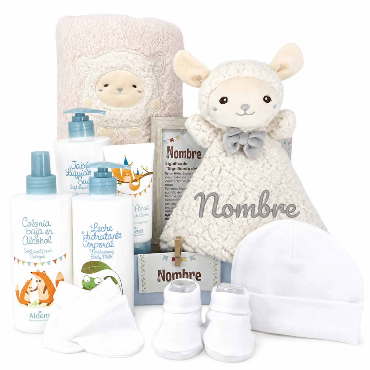 Set regalo bebé niño con cesta personalizable, manta, peluche oveja, productos de higiene y gorro