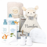 Set regalo bebé niño con cesta personalizable, manta, peluche oveja, productos de higiene y gorro