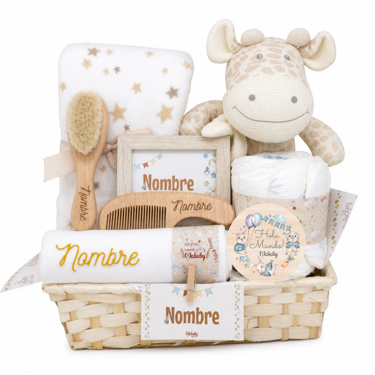 Cesta Para Bebé Personalizada Mi Jirafa Con Manta Y Cepillo Grabado