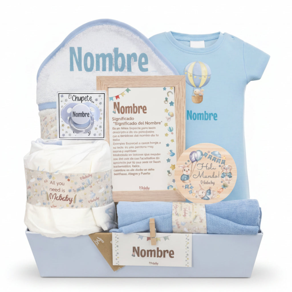 Cesta regalo bebé niño con ropa, toalla y chupete personalizable, ideal para nacimiento y bautizo