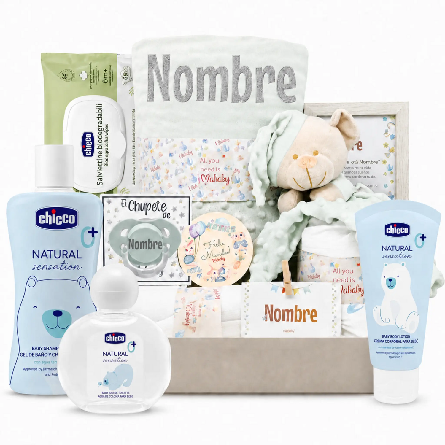 Cesta Para Bebé Personalizada Menta Deluxe Con Manta Y Cosmética