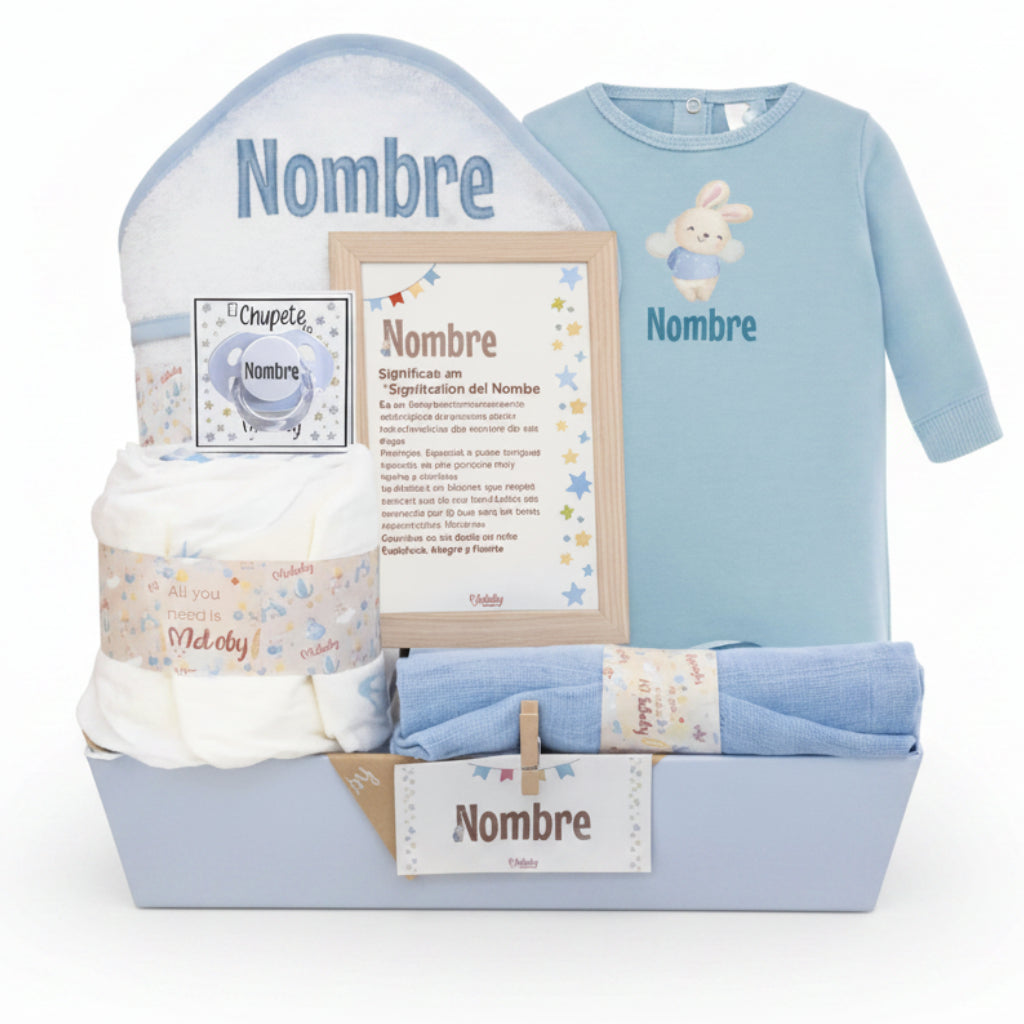 Cesta regalo personalizada para bebé niño con ropa, chupete y marco, ideal para nacimiento