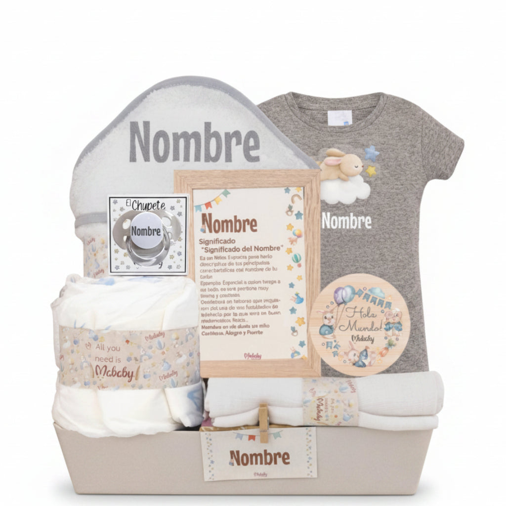 Canastilla bebé personalizable con ropa, chupete y marco, ideal regalo nacimiento niño o niña