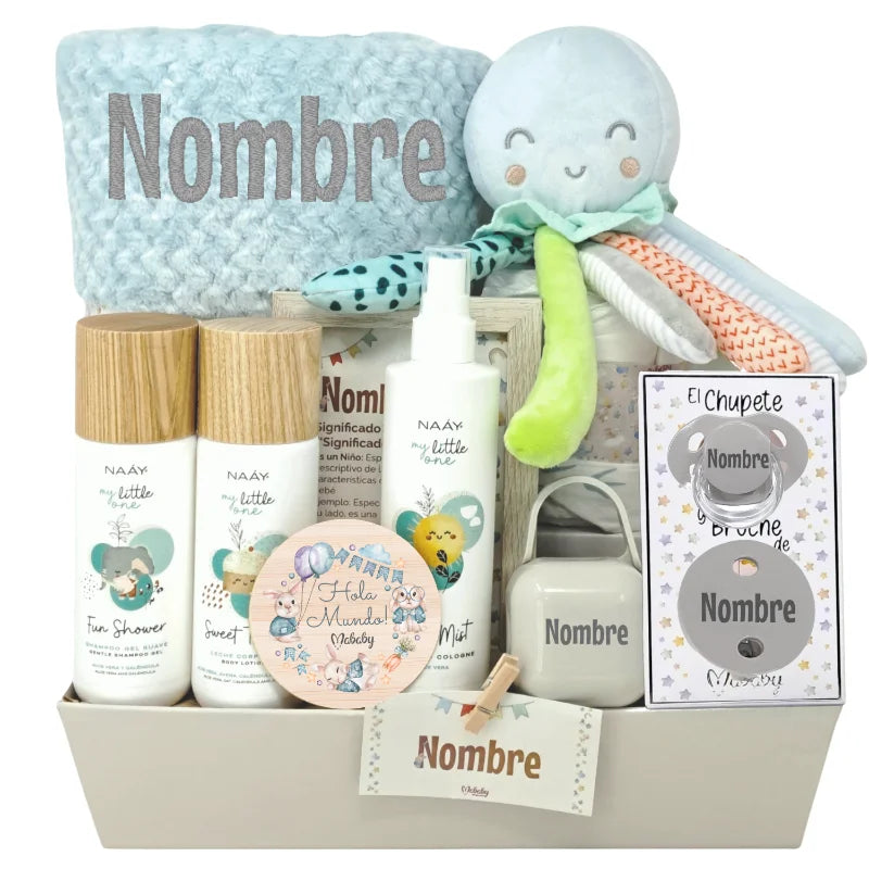 Cesta regalo para bebé niño con peluche, productos de baño y chupete personalizable, ideal para nacimiento