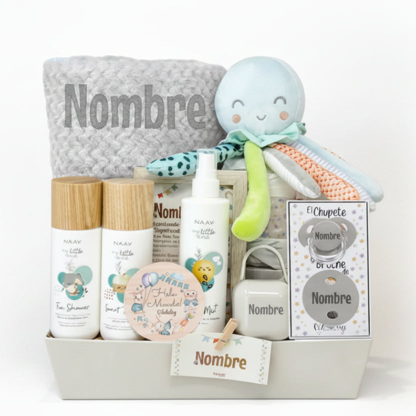 Cesta regalo bebé niño con productos personalizables, chupete y peluche octopus azul