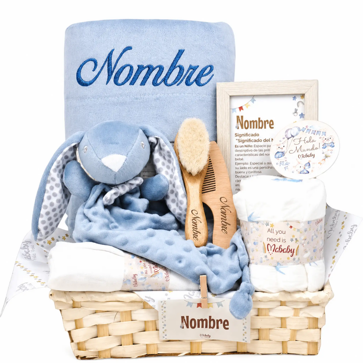 Canastilla para bebé niño con manta, peluche y accesorios personalizables