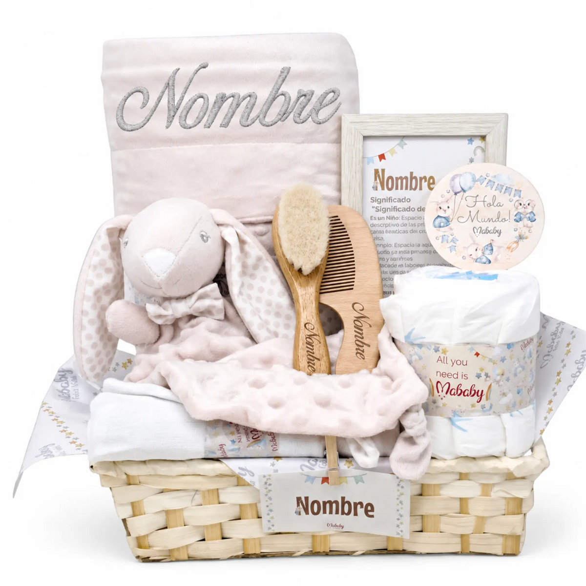 Canastilla bebé niña personalizable con nombre, peluche, cepillo y toallas. Regalo nacimiento ideal.