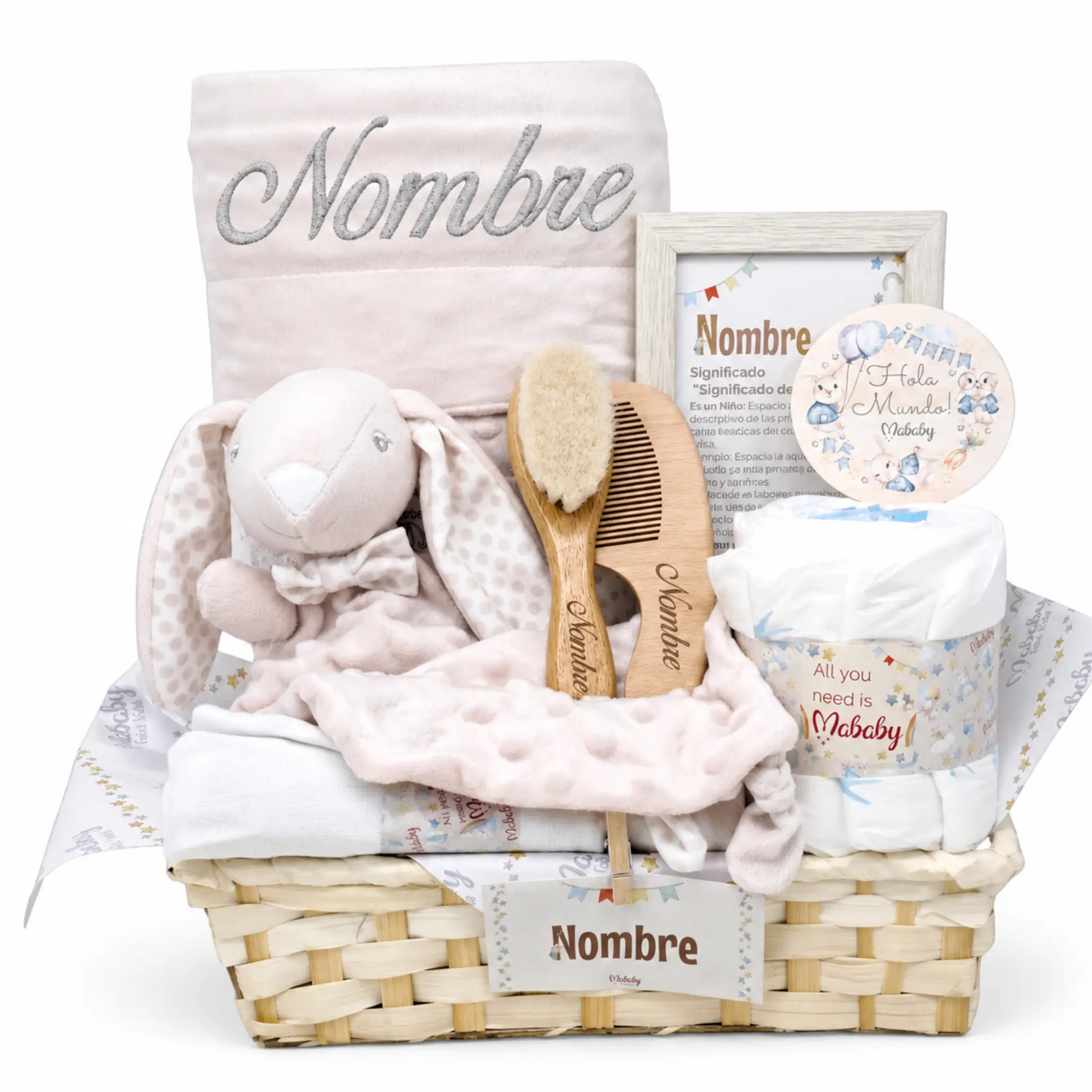 Canastilla bebé niña personalizable con nombre, peluche, cepillo y toallas. Regalo nacimiento ideal.