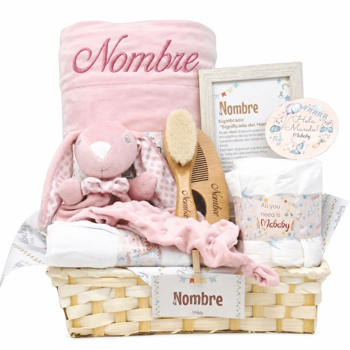 Canastilla personalizada para niña con conejo rosa, manta y accesorios de bebé