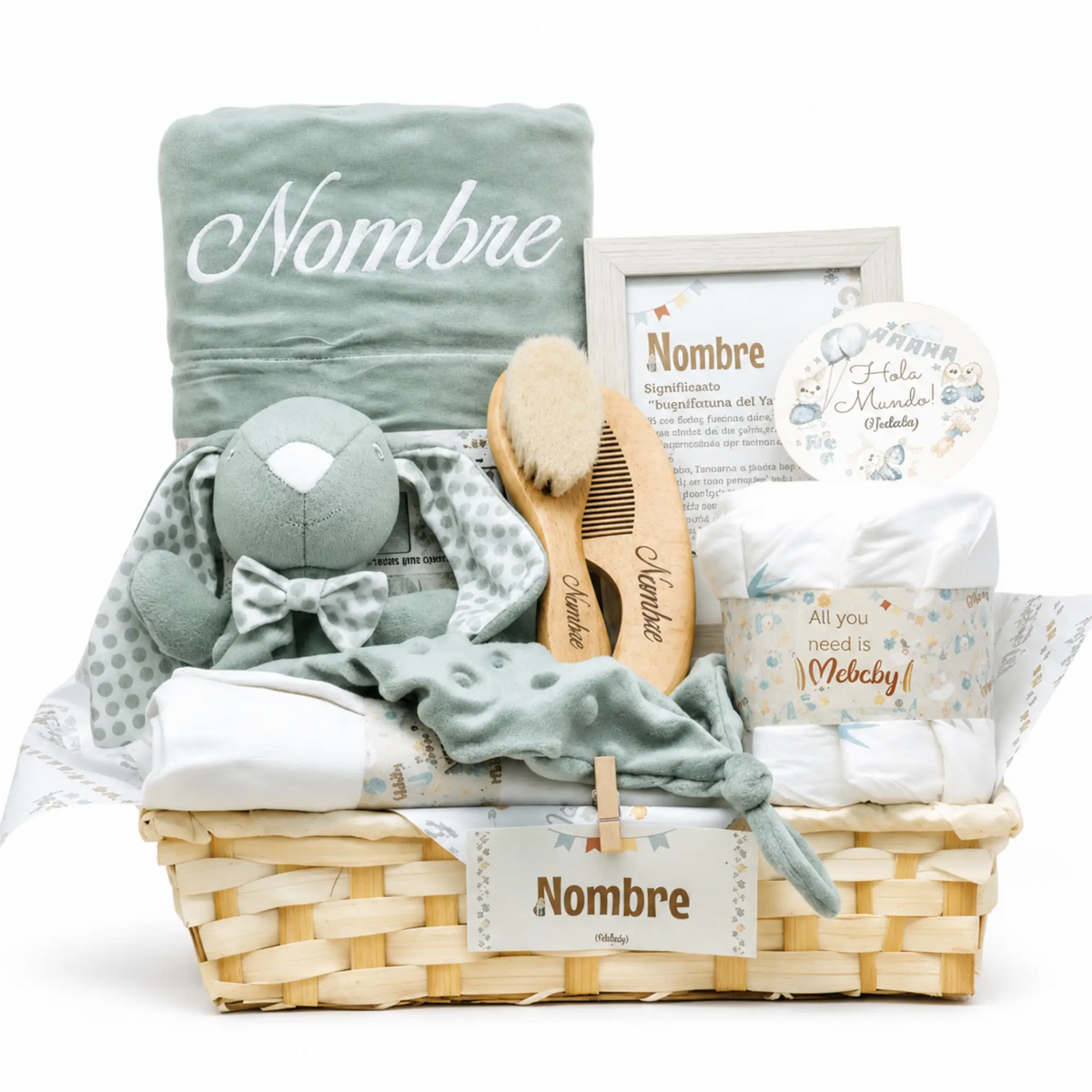 Cesta regalo bebé personalizable con nombre, ideal para niño o niña, con manta, peluche y accesorios