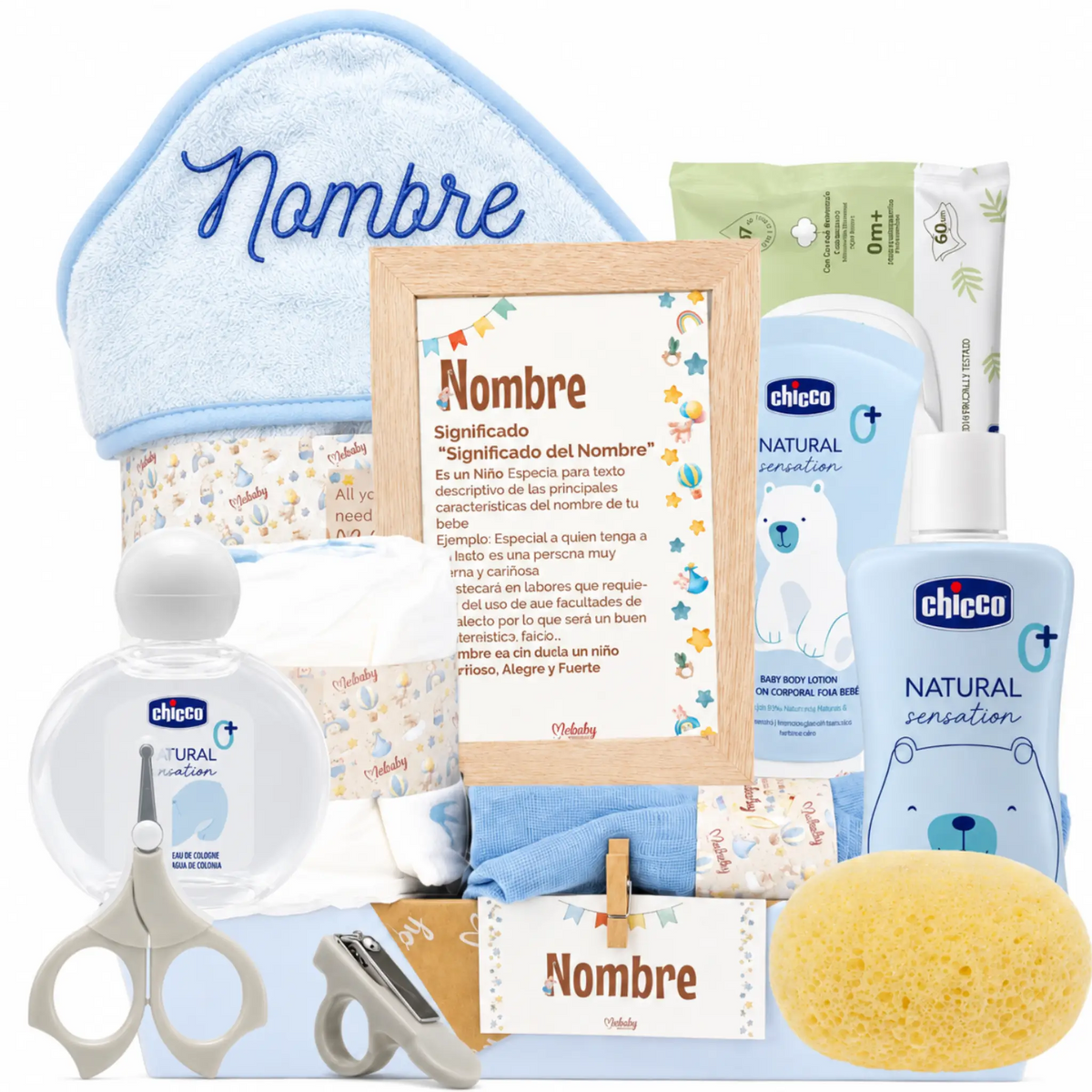 canastilla bebé niño con toalla personalizada y aseo