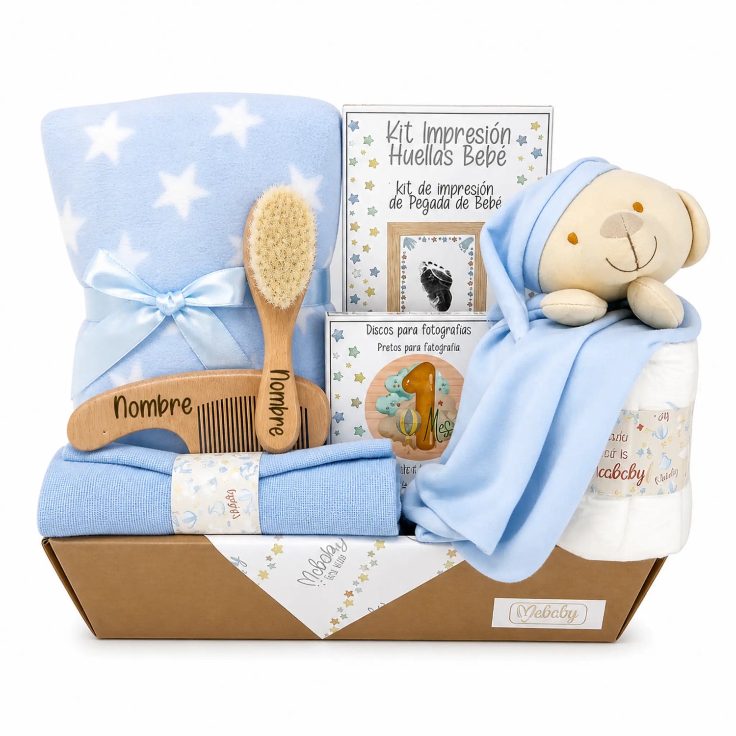 Canastilla Para Bebé Personalizada Bambú Con Set Huellas Y Cepillo Grabado
