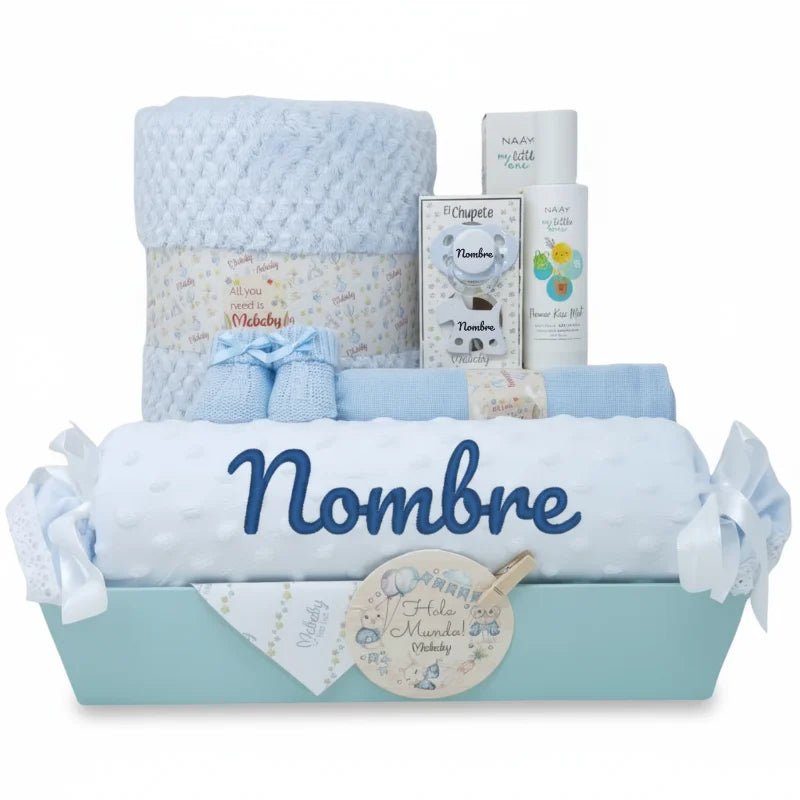 Canastilla bebé niño con manta, chupete y productos de baño personalizables, regalo nacimiento ideal