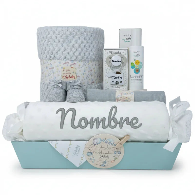 Cesta regalo para bebé niño con manta, chupete y productos de cuidado personalizados