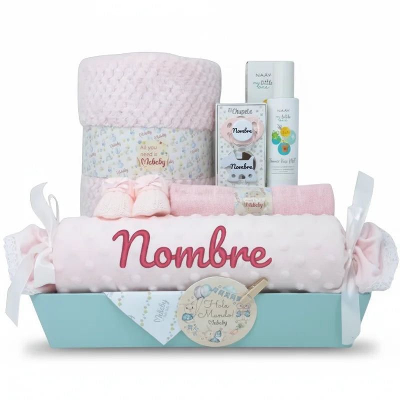 Cesta regalo para bebé niña con manta, chupete y productos de cuidado personalizados