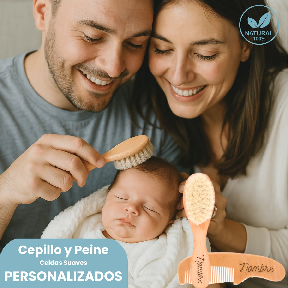 cepillo y peine de madera personalizado con el nombre del bebe
