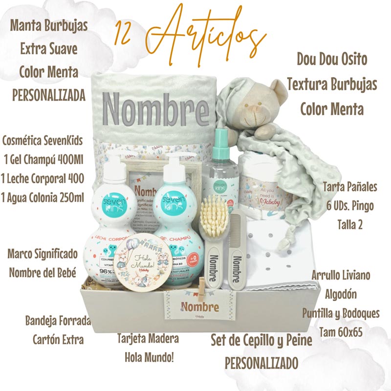 Cesta Bebe Menta Deluxe - Cestas y canastillas para bebes - Canastilla Eco