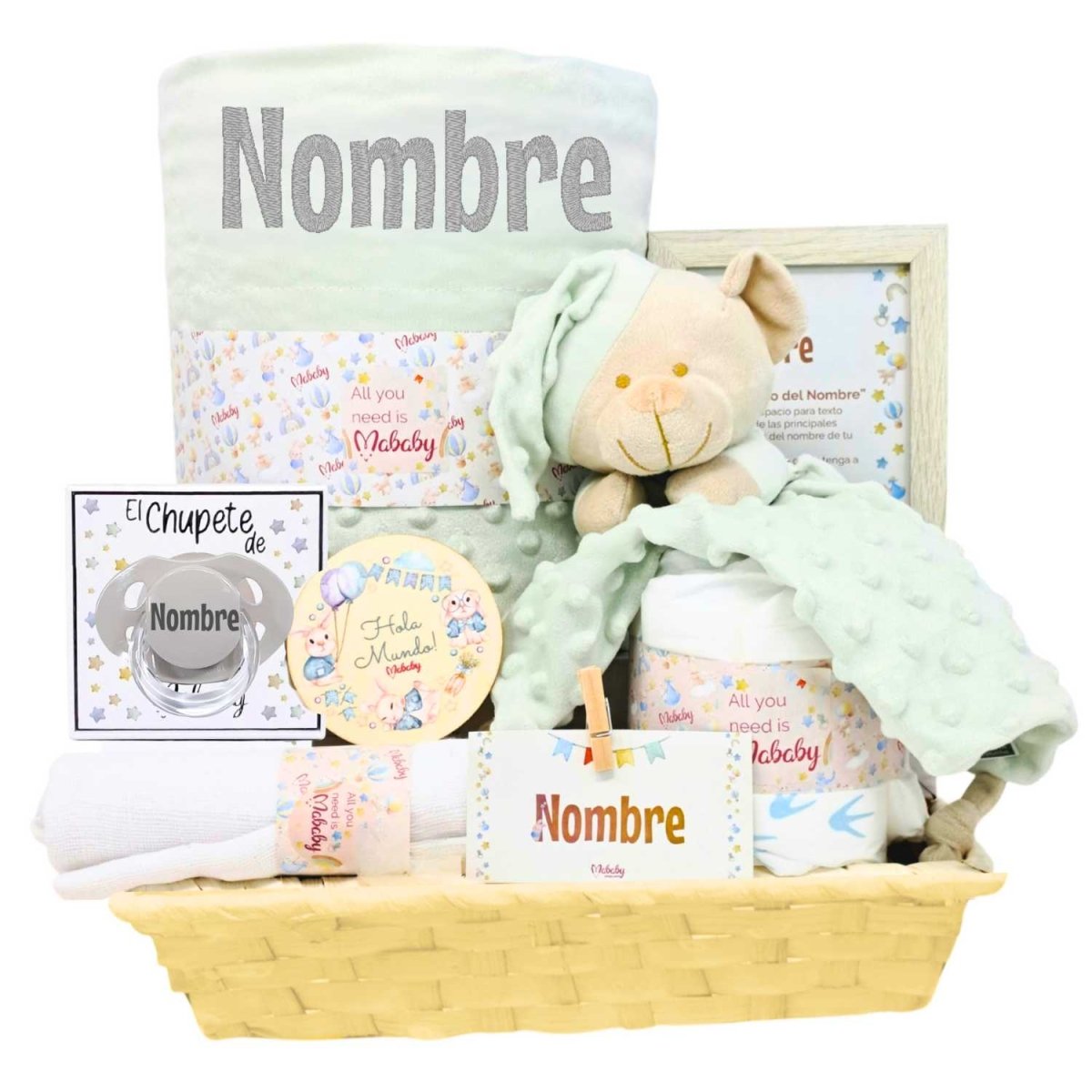 Cesta Bebé Menta - Cestas y canastillas para bebes | Mababyshop - Canastilla Personalizada