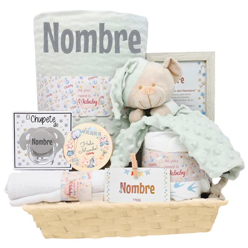 Cesta Bebé Menta - Cestas y canastillas para bebes | Mababyshop - Canastilla Personalizada