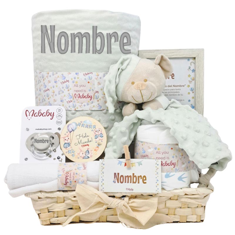 Cesta Bebé Menta - Cestas y canastillas para bebes - Canastilla Personalizada