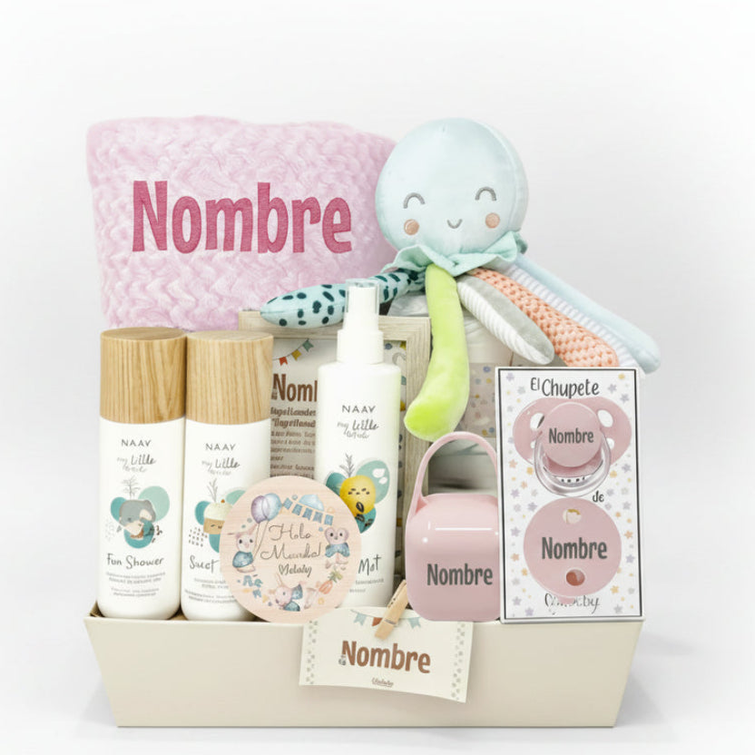 Cesta regalo para bebé niña con productos personalizables, chupete y peluche octopus, ideal para nacimiento