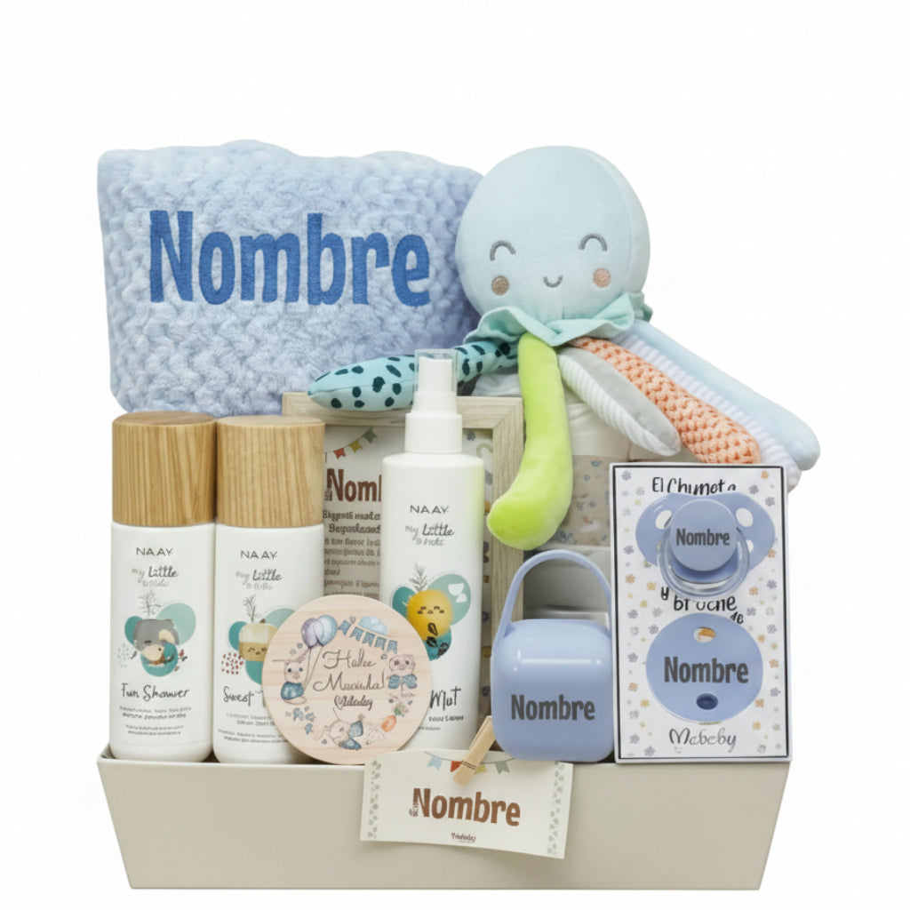 Cesta regalo para bebé niño con productos personalizables, chupetes y peluche octopus azul