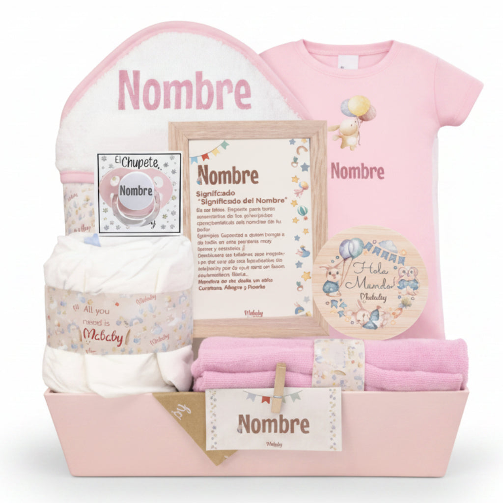 Cesta regalo para bebé niña con ropa, chupete y marco personalizable. Ideal como detalle de nacimiento.