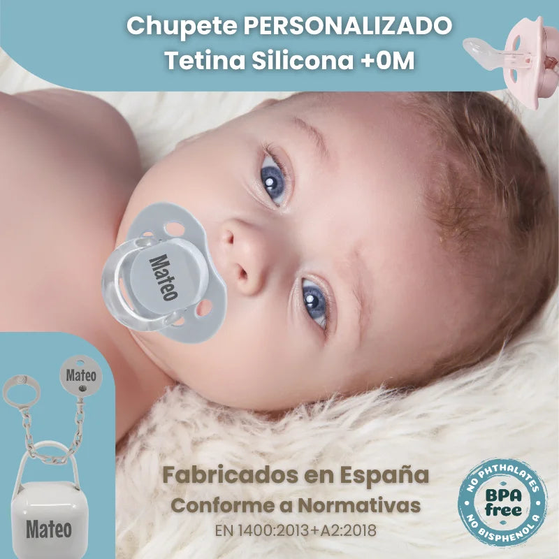 Chupete personalizado silicona para bebé niño, sin BPA, ideal regalo nacimiento