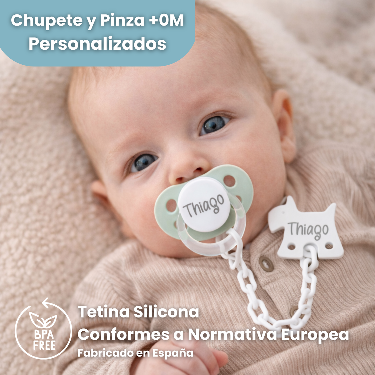 Chupete personalizado para bebé niño, tetina silicona BPA free, pinza con nombre, regalo nacimiento