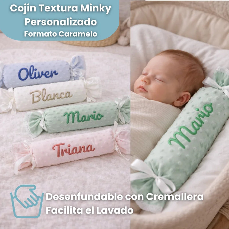 Cojín textura minky personalizado para bebé niño o niña, formato caramelo, desenfundable y fácil lavado