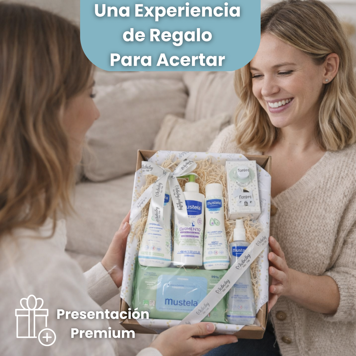 Cesta regalo bebé con productos Mustela, ideal para niño o niña, presentación premium y personalizable