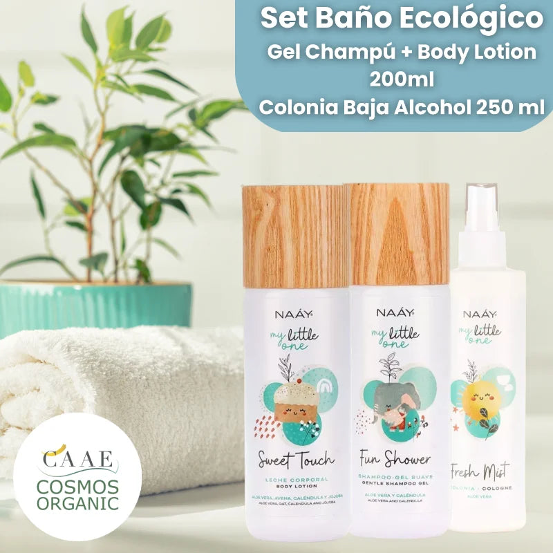 Set baño ecológico para bebé niño o niña con gel champú, loción y colonia sin alcohol, certificado Cosmos Organic